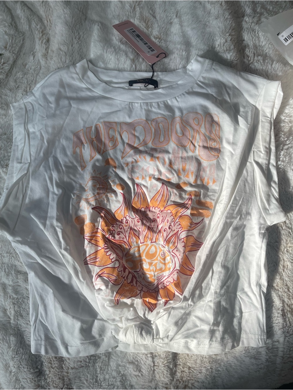 Graphic White Crop Top with Orange Sun Motif